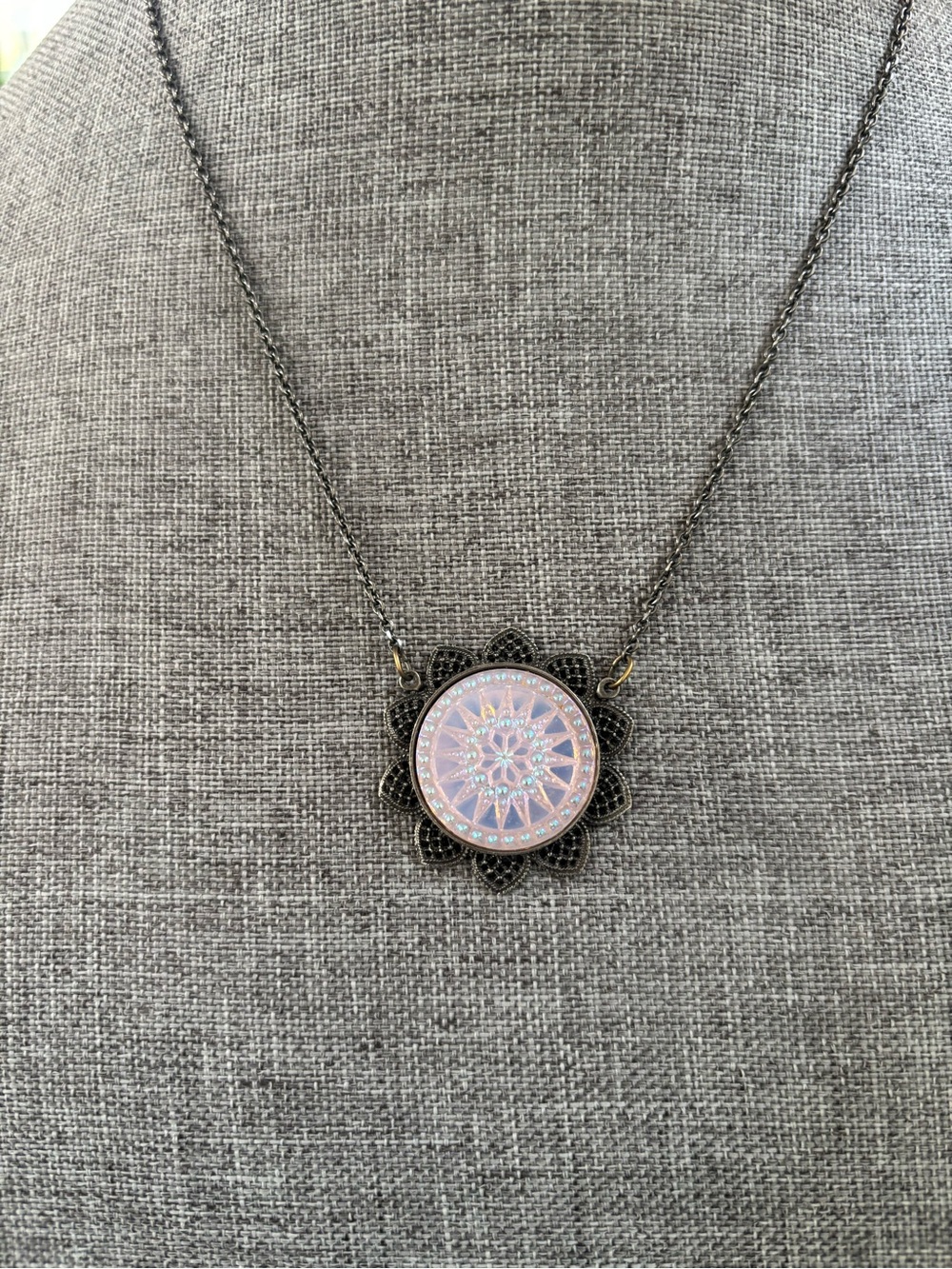 Sabika Medallion Pink Iridescent Floral Pendant Necklace